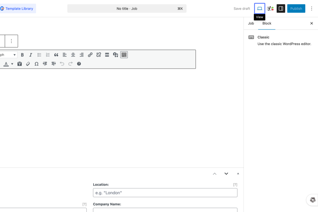 Screenshot of a WordPress editor interface showing an empty post with fields for location and company name, and options for editing in Classic mode on the right sidebar. - OADR Training