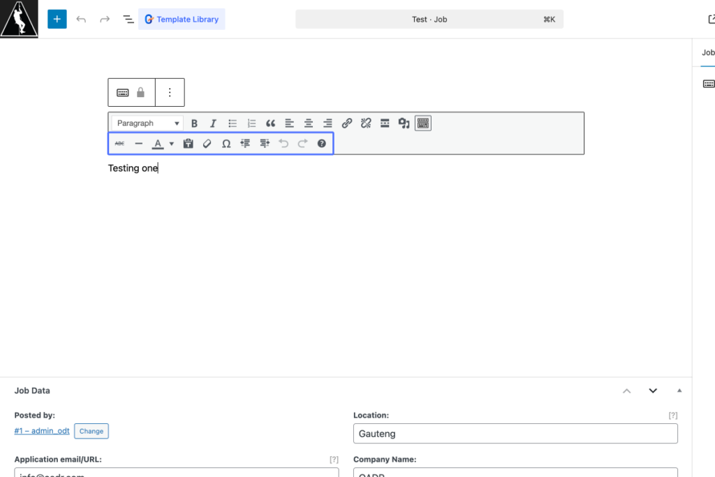 A web interface displays a job advert form being filled out, with "Testing one" typed in the description field and various job data fields visible below. - OADR Training
