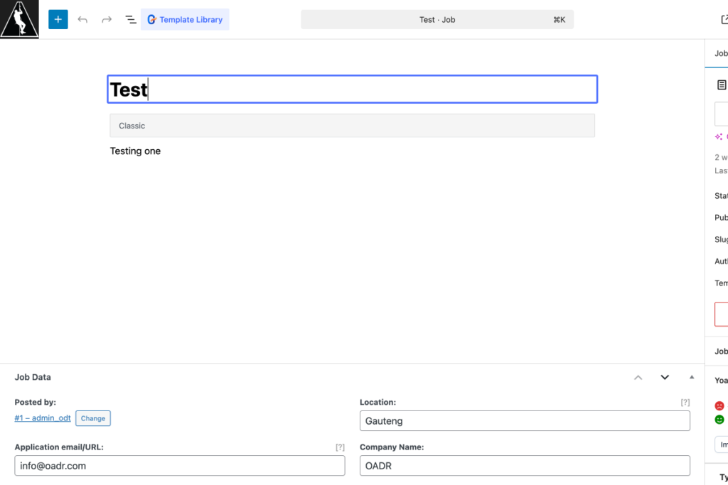 A web interface displays a form titled "Test" with sections for job data, location set to Gauteng, company name as QADR, and email info@qadr.com. - OADR Training