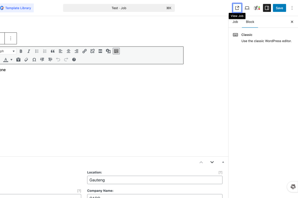 A WordPress interface showing the classic editor with fields for job location and company name, and options to view, publish, or save the post. - OADR Training
