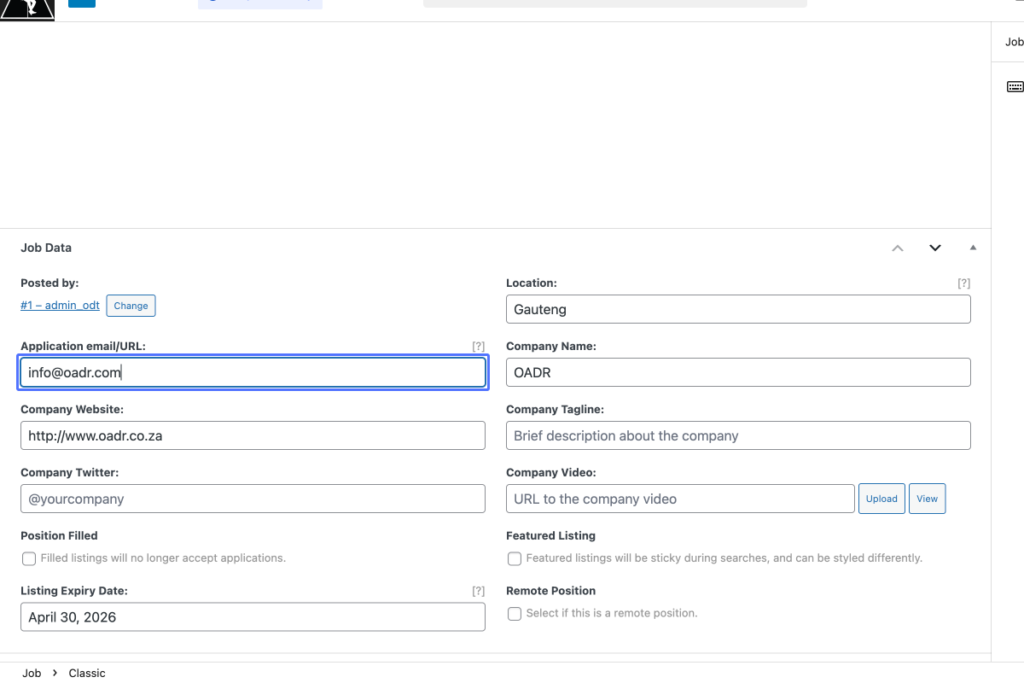 A job posting form is filled out with details such as email, company name, website, location, strapline, Twitter, YouTube, listing expiry date, and featured listing options. - OADR Training