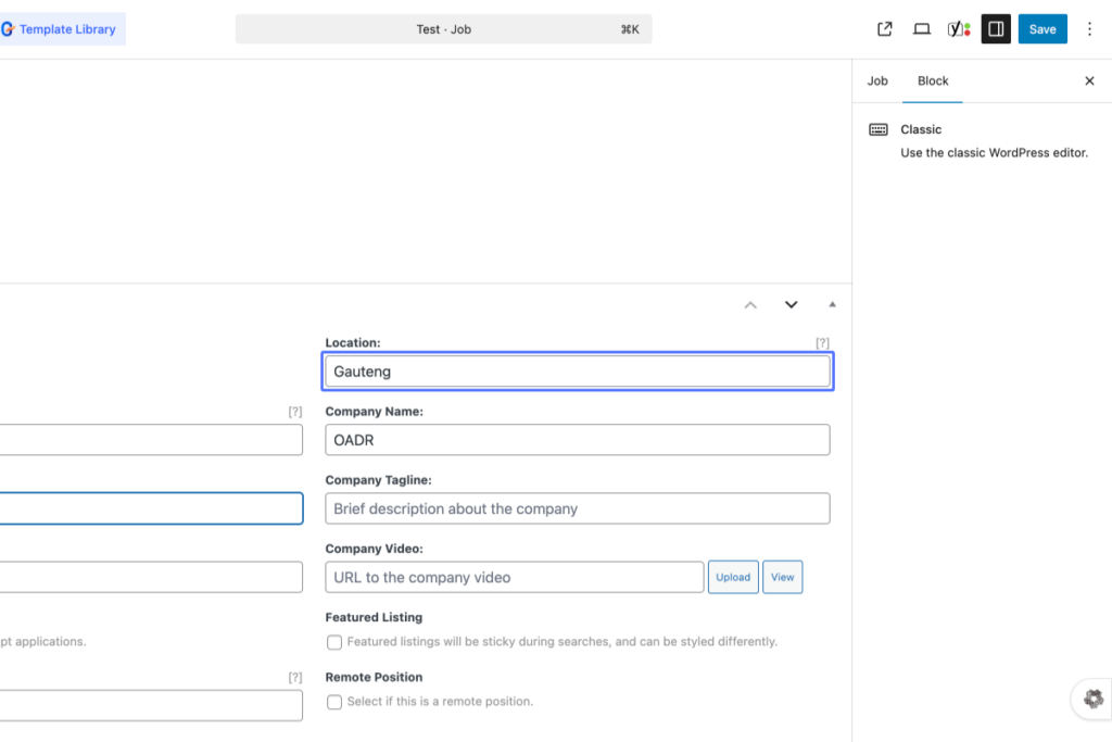 A WordPress editor screen showing a job posting form with fields for location, company name, strapline, company video, and remote option. - OADR Training