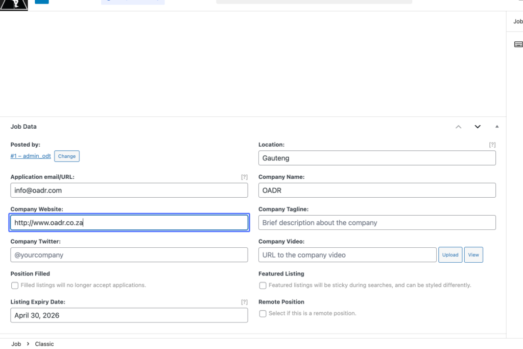 A job posting form is filled out with fields for email, website, location, description, tagline, video, and expiry date. Some fields, such as website and location, contain sample text. - OADR Training