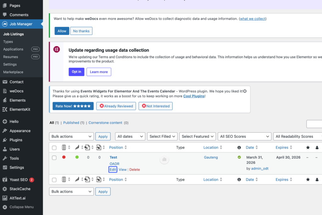 Screenshot of a WordPress admin dashboard showing notifications, plugin updates, and a table listing posts with options to edit, view, or delete. - OADR Training