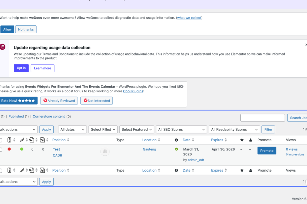 Screenshot of a WordPress admin dashboard showing a data collection update notification, plugin suggestions, and a table listing SEO performance for a page. - OADR Training