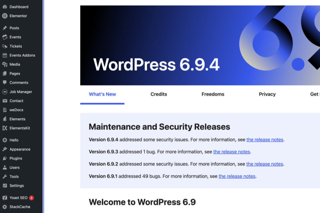 Screenshot of the WordPress 6.9.4 dashboard showing the “What’s New” tab, highlighting maintenance and security releases, with a sidebar menu on the left. - OADR Training