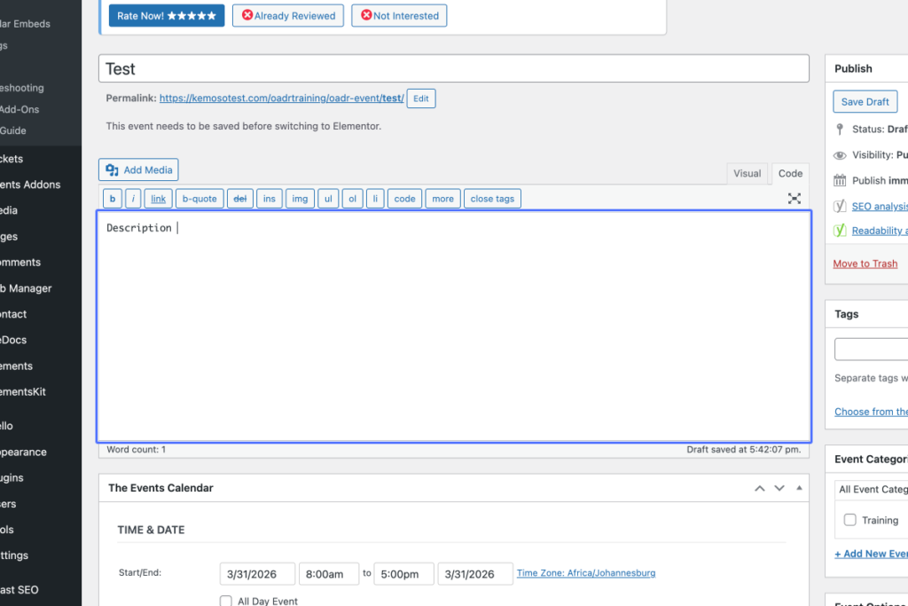 WordPress post editor screen showing a draft event titled "Test" with empty description and event details set for 31 March 2026, from 8:00am to 5:00pm. - OADR Training