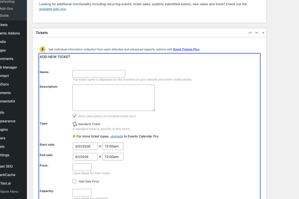 Screenshot of a web form titled "Add New Ticket," showing fields for name, description, sale dates, price, and capacity within an event management plugin interface. - OADR Training