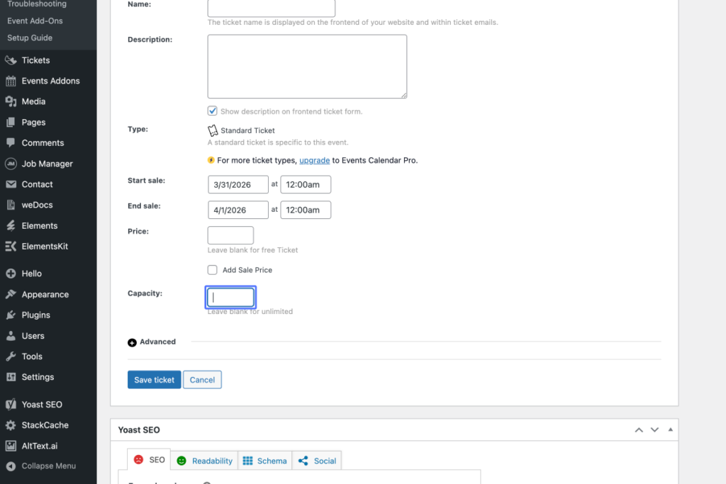 A WordPress event ticket settings page showing fields for event dates, time, price, and capacity, with options to save or cancel at the bottom. - OADR Training
