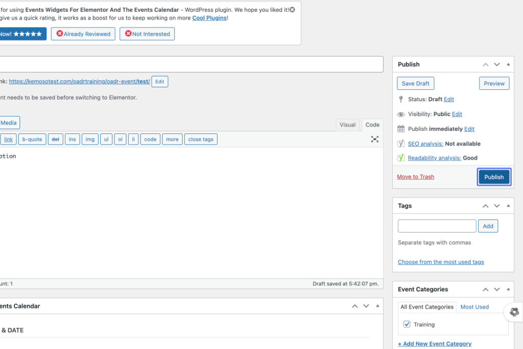 Screenshot of a WordPress post editor showing a draft event listing. The "Publish" section is open on the right, with the blue "Publish" button clearly visible. - OADR Training