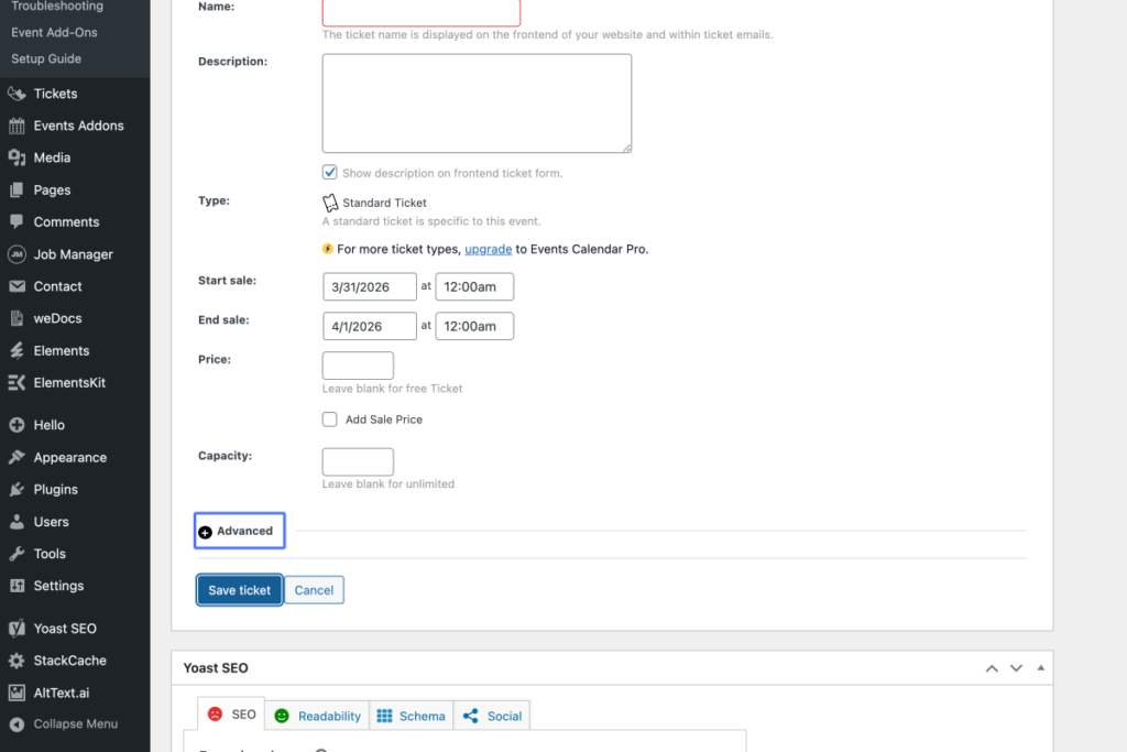 A WordPress event ticket creation page showing fields for name, description, date, time, price, capacity, and options to save or cancel the ticket. - OADR Training