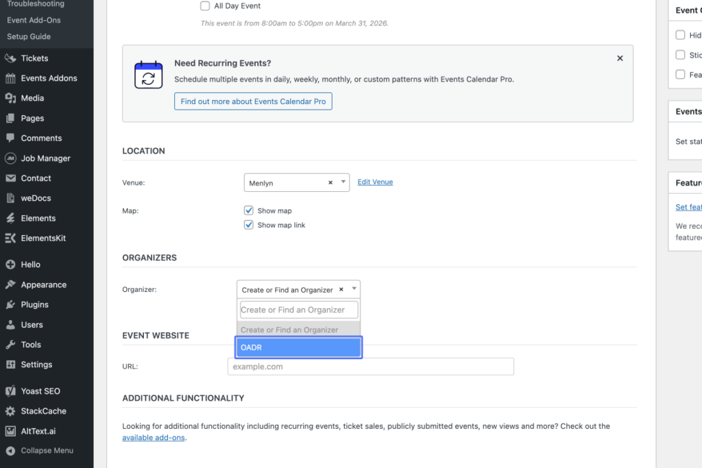 Screenshot of a WordPress admin page for adding an event, showing fields for location, organisers, event website, and additional functionality information. - OADR Training