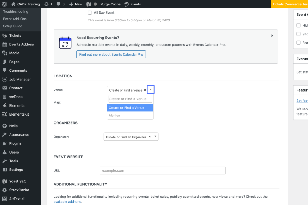 A WordPress event editor screen showing options to create or find a venue and organiser, with sections for event location and website. - OADR Training