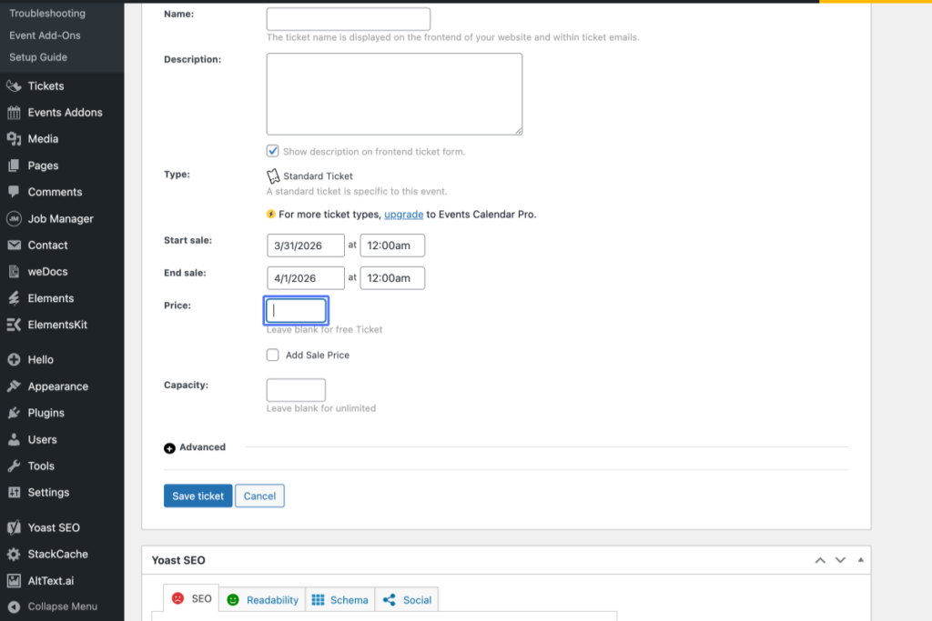 Screenshot of an event ticket setup page showing fields for ticket name, description, type, start and end sale dates, price, capacity, and options to save or cancel. - OADR Training