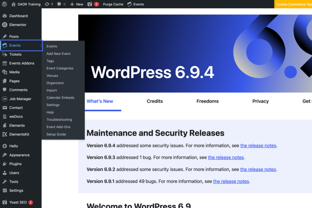 Screenshot of a WordPress admin dashboard showing the "Events" menu expanded and the WordPress 6.9.4 update details under "What’s New" displayed in the main content area. - OADR Training