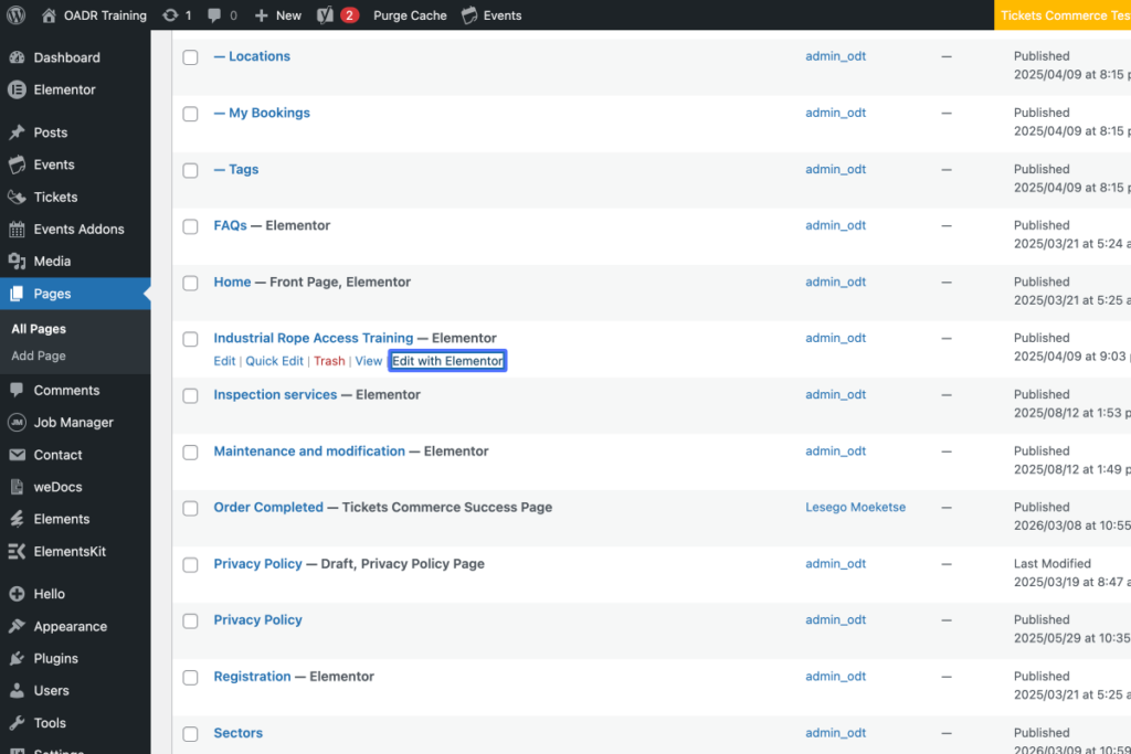 A WordPress Pages dashboard displays a list of website pages with their titles, authors, and publish dates. One page is highlighted with editing options visible. - OADR Training