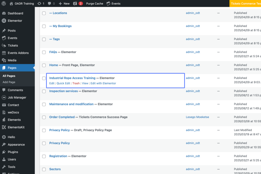 A WordPress admin dashboard showing a list of pages, with "Industrial Rope Access Training" highlighted and edit options visible. - OADR Training