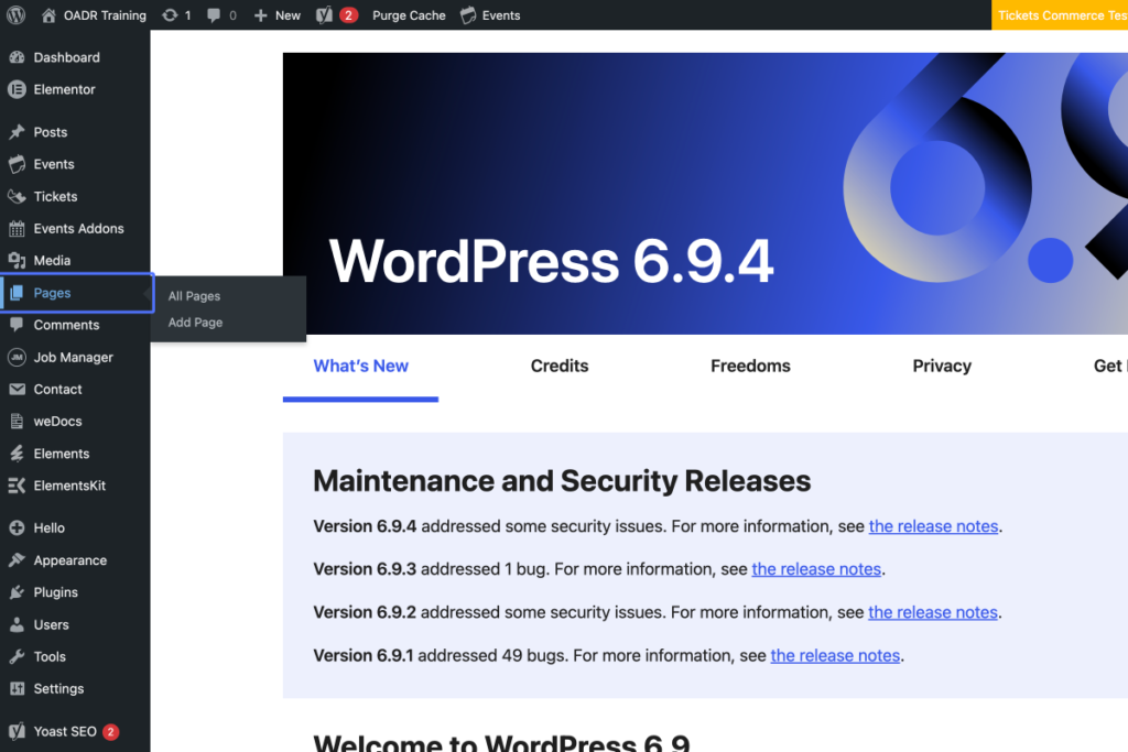 Screenshot of the WordPress 6.9.4 dashboard showing the navigation menu on the left and the "What’s New" section detailing maintenance and security release notes. - OADR Training