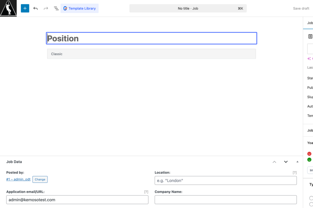 A job advert form with fields for position title, location, application email/URL, and company name. The "Posted by" field shows "admin. - OADR Training