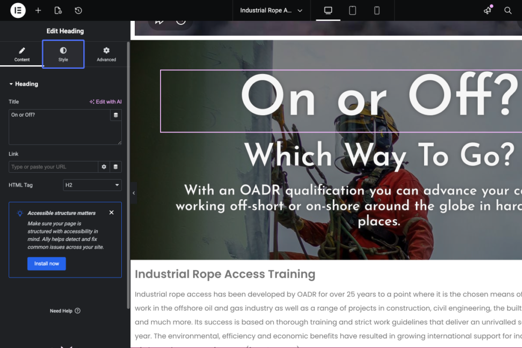 Screenshot of a website editor showing an industrial rope access worker in safety gear, overlaid with the heading "On or Off? Which Way To Go?" and accessibility advice on the sidebar. - OADR Training