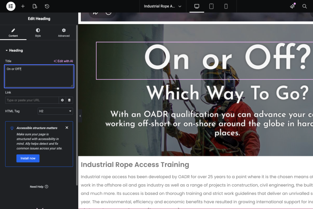 A person wearing safety gear and a helmet is suspended by ropes in front of a large digital text reading "On or Off? Which Way To Go?" on a website editing interface. - OADR Training
