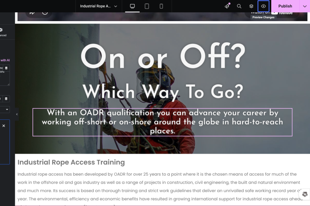 Person in safety gear and helmet stands against a wall with text overlay about OADR rope access training for offshore or onshore industrial work. - OADR Training