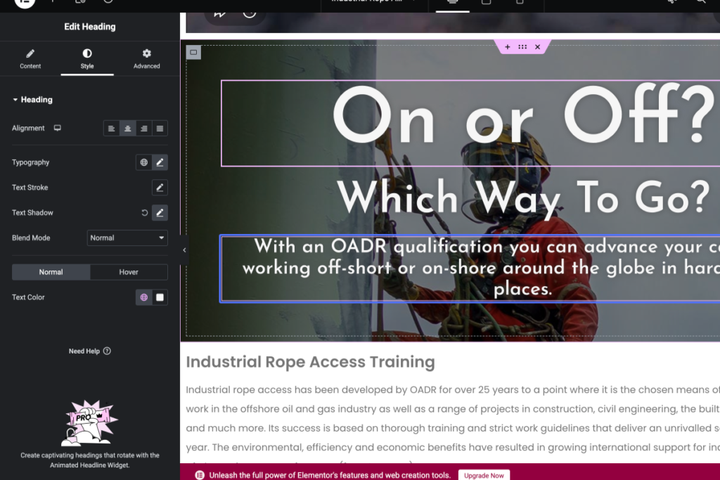 Screenshot of a webpage editor showing a design for an industrial rope access training course, with a background image of a worker in safety gear and on-screen customisation options. - OADR Training