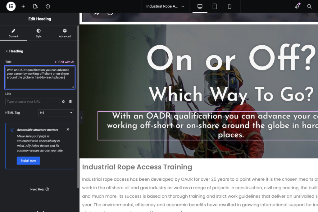 Screenshot of a website editor showing an “Edit Heading” panel on the left and a webpage preview with the heading “On or Off? Which Way To Go?” on the right, featuring a worker in safety gear. - OADR Training