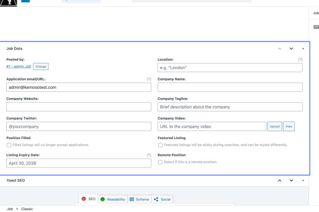 Screenshot of a job advert form with fields for job title, location, application email, company name, company video, listing expiry date, and options for featured and remote positions. - OADR Training