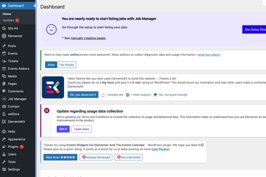 WordPress dashboard showing notifications about Job Manager setup, Elementor data collection, and plugin reviews, with various menu items visible on the left sidebar. - OADR Training