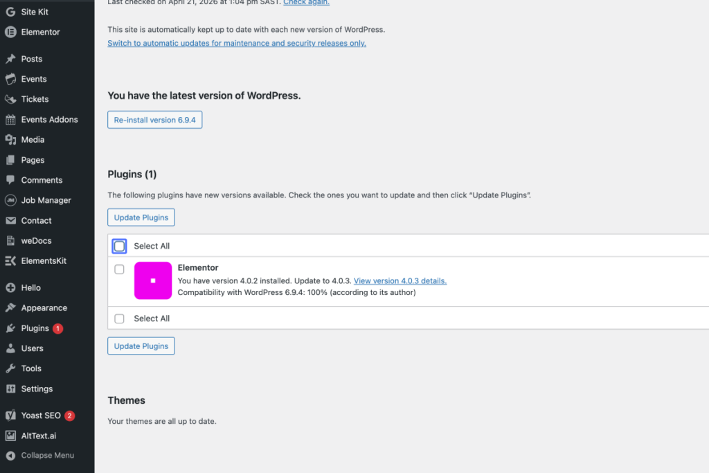 WordPress admin dashboard showing Plugins page with an update available for Elementor plugin from version 4.0.2 to 4.0.3. Other plugins and themes are up to date. - OADR Training