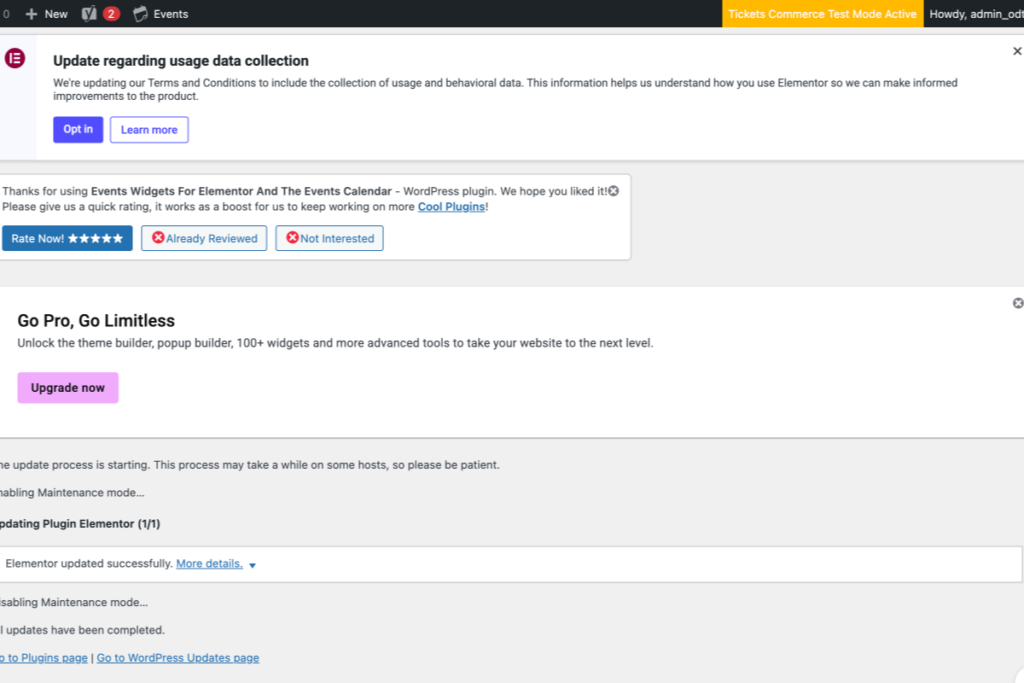 WordPress dashboard displaying notifications about data collection updates, plugin ratings, upgrade options, and ongoing plugin maintenance mode. - OADR Training