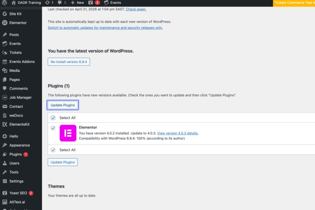 WordPress admin dashboard showing an available update for the Elementor plugin from version 4.0.2 to 4.0.3. A blue “Update Plugins” button is visible. - OADR Training