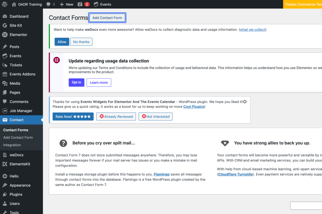 Screenshot of the WordPress dashboard showing the Contact Forms plugin page, with informational alerts and options to add a contact form at the top. - OADR Training