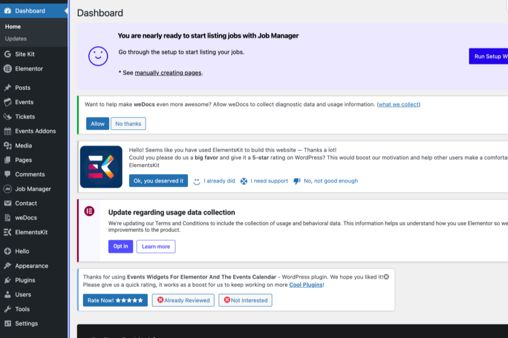 WordPress admin dashboard showing setup notifications for Job Manager, Elementor, and data collection updates, with a sidebar menu on the left and notification messages in the main view. - OADR Training