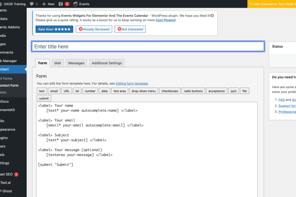 A WordPress dashboard shows the Contact form editor with HTML code for a basic form, including fields for name, email, subject, and message. Various plugin menus appear on the left sidebar. - OADR Training