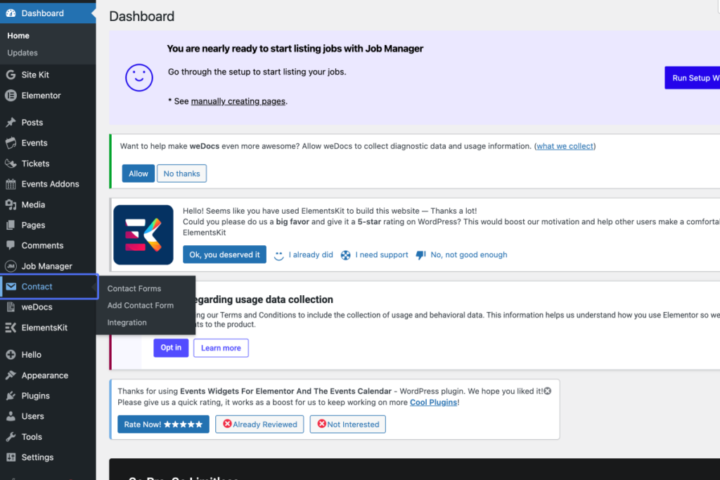 WordPress dashboard with sidebar navigation expanded, highlighting the "Contact" menu and its sub-items, while various plugin and informational notices appear on the main panel. - OADR Training