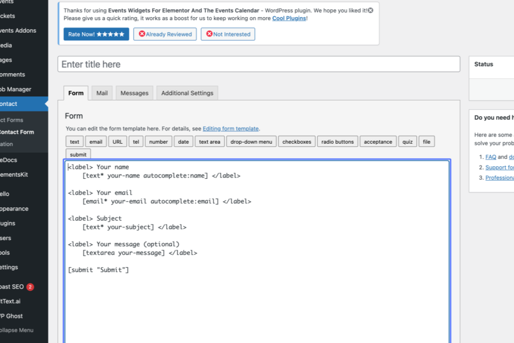 Screenshot of a WordPress contact form editor showing form field labels and HTML code for name, email, subject, message, and a submit button. - OADR Training