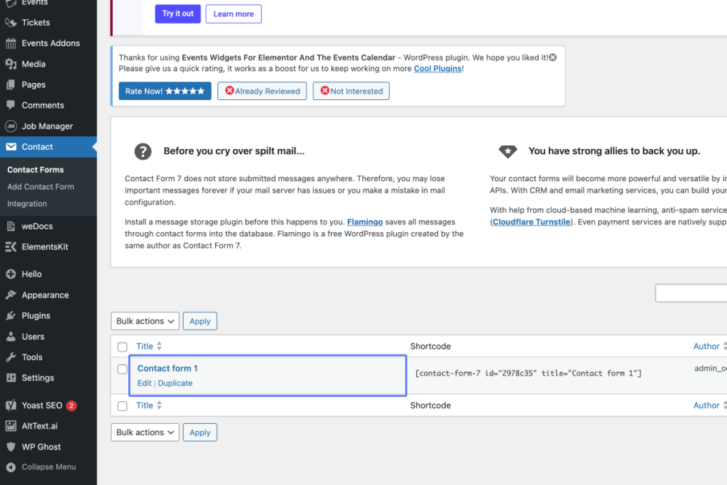 WordPress admin dashboard showing the Contact Forms page with "Contact form 1" listed and options to edit or duplicate the form. - OADR Training