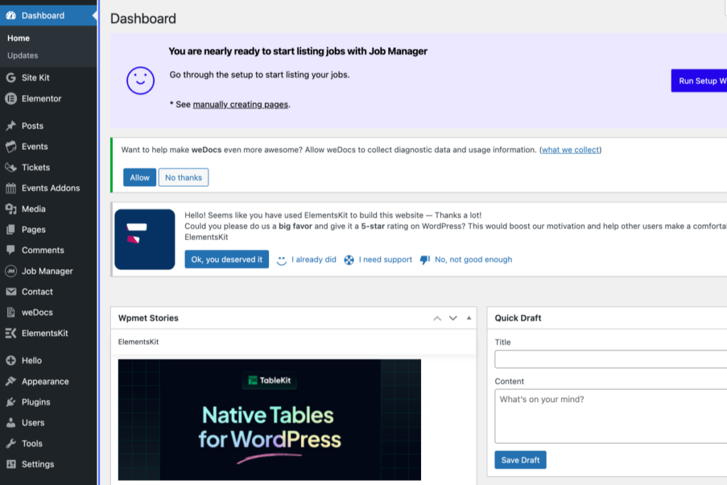 WordPress admin dashboard displaying notifications, menu options on the left, a “Native Tables for WordPress” banner, and a Quick Draft section for adding new post content. - OADR Training