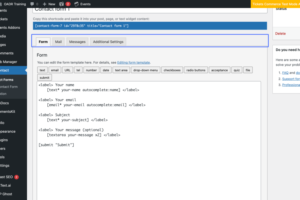 Screenshot of a WordPress admin dashboard showing the editing view of a contact form with shortcode and form field code. - OADR Training