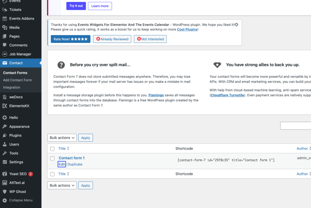 Screenshot of a WordPress dashboard showing the Contact Forms section with a list of forms, plugin notifications, and options to edit or duplicate a contact form. - OADR Training