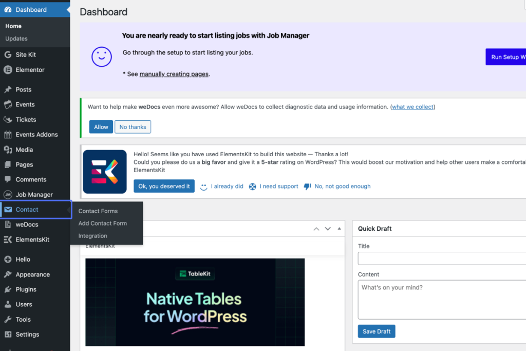 Screenshot of a WordPress dashboard showing a notification for Job Manager, a menu with Contact Forms options, and a plugin advert for Native Tables for WordPress. - OADR Training