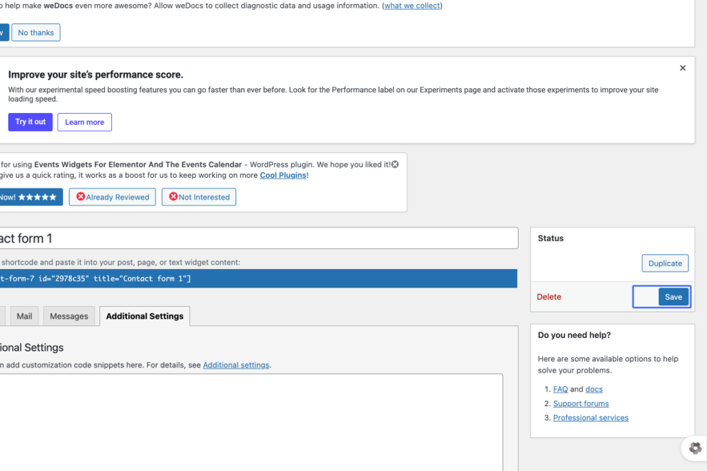Screenshot of a WordPress admin dashboard showing the editing screen for a contact form, with options to save, duplicate, or delete the form on the right-hand side. - OADR Training