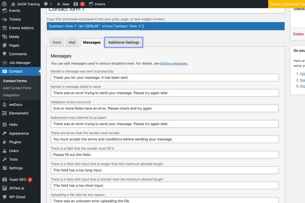 Screenshot of the WordPress Contact Form 7 plugin showing the Messages tab with various error and confirmation messages for form submissions. - OADR Training