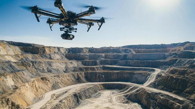 A drone equipped with a camera flies over a large, terraced open-cast mine under a clear sky, surveying areas similar to those inspected by rope access oil and gas professionals across South Africa. - OADR Training