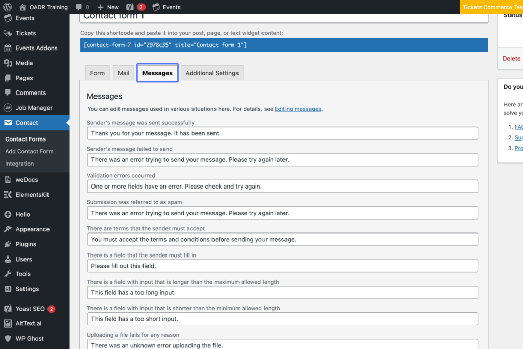 Screenshot of the WordPress Contact Form 7 plugin settings page, showing the “Messages” tab with editable default error and feedback messages for form submissions. - OADR Training