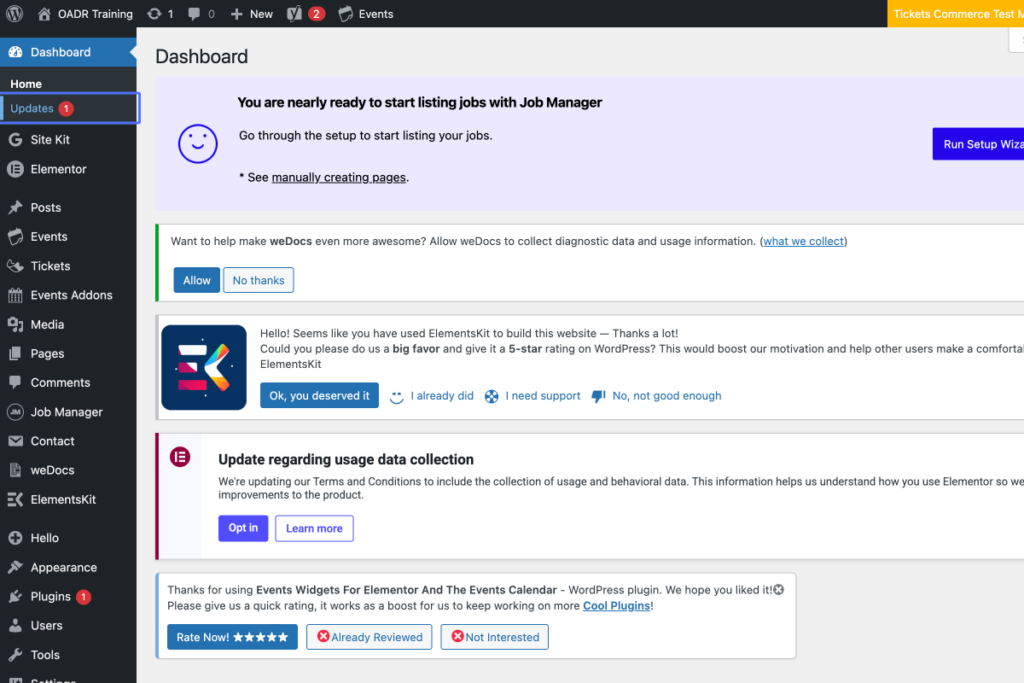 WordPress admin dashboard showing notifications for Job Manager setup, Elementor feedback, and data usage collection, with a sidebar menu on the left and various plugin options displayed. - OADR Training